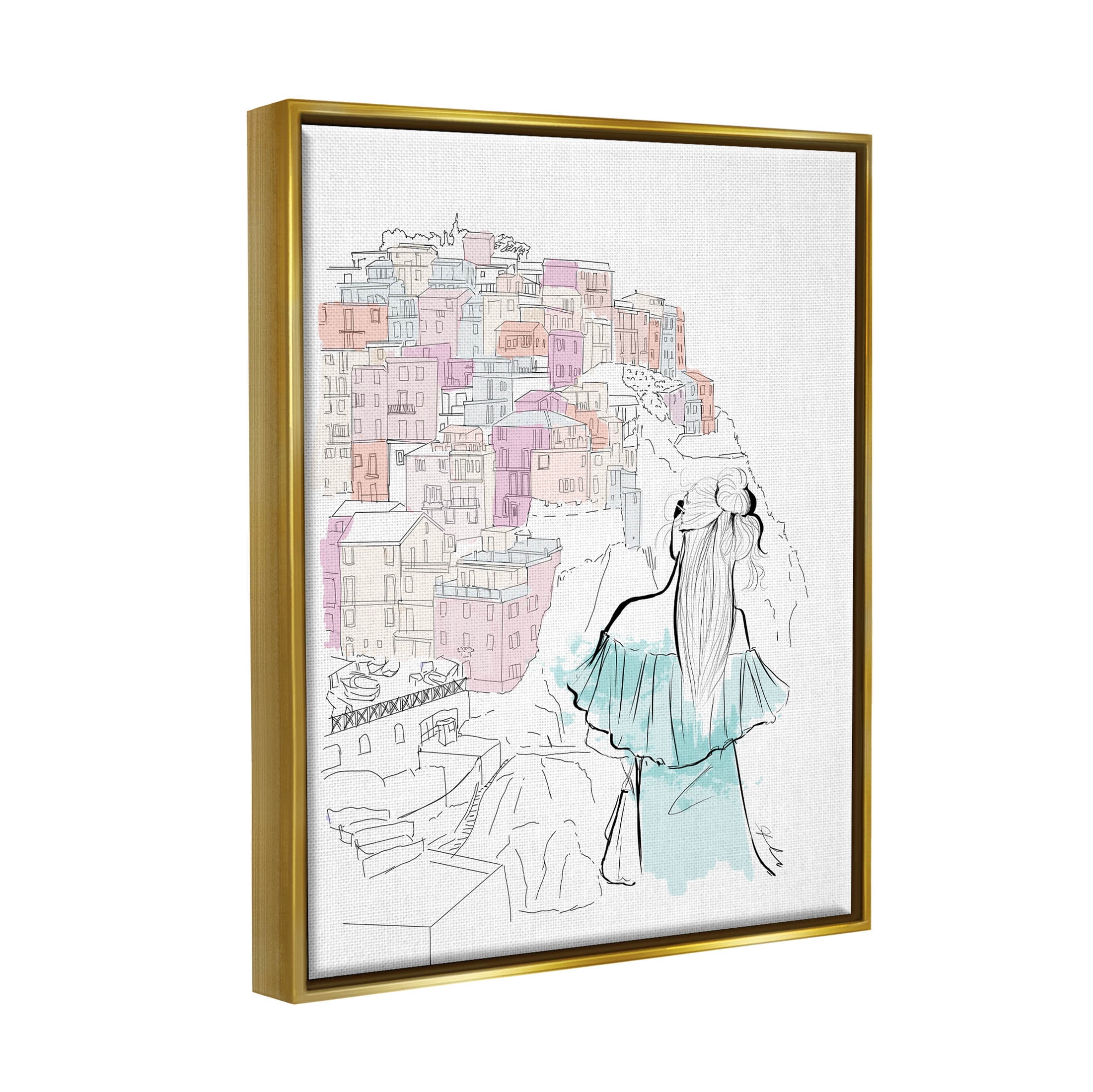 Stupell Industries Stylish Girl Overlooking City Graphic Art Metallic Gold Floating Framed Canvas Print Wall Art, Design by Alison Petrie