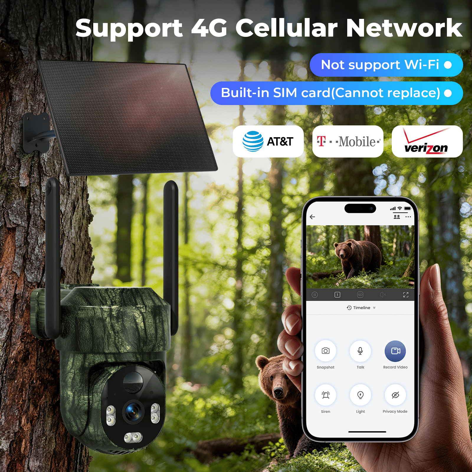 4G LTE Solar Trail Camera, Wildlife Hunting Camera, No WiFi Solar Powered Security Camera, 360° View Deer camera, 2K Live Streaming Game Camera, PIR Motion Activation, Night Vision, IP66