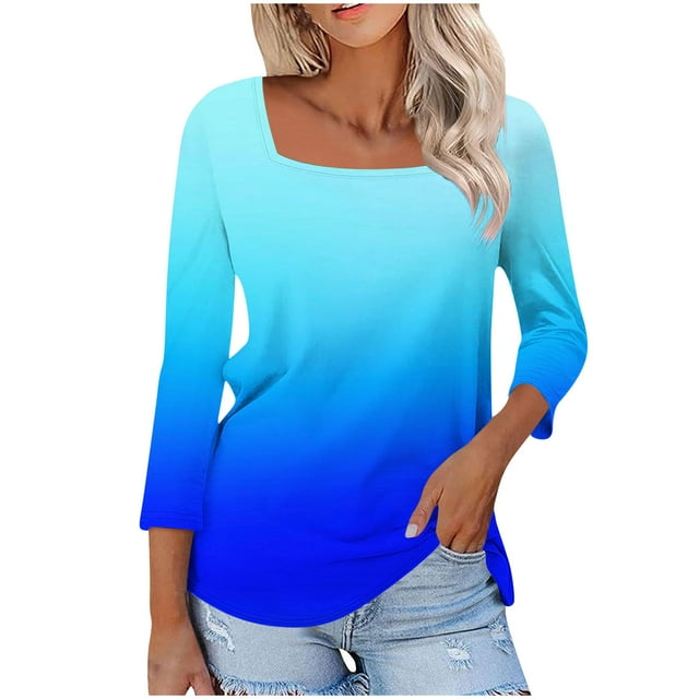 aidice T-Shirts Grande Taille pour Femmes Col Carré Manches 3/4 Confortables Dégradé de Couleur
