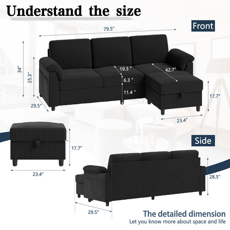 Walsunny 79" Convertible Sectional Sofa, L Shaped Sofa Couch with Reversible Chaise for Living Room Modern Linen Fabric for Living Room, Black