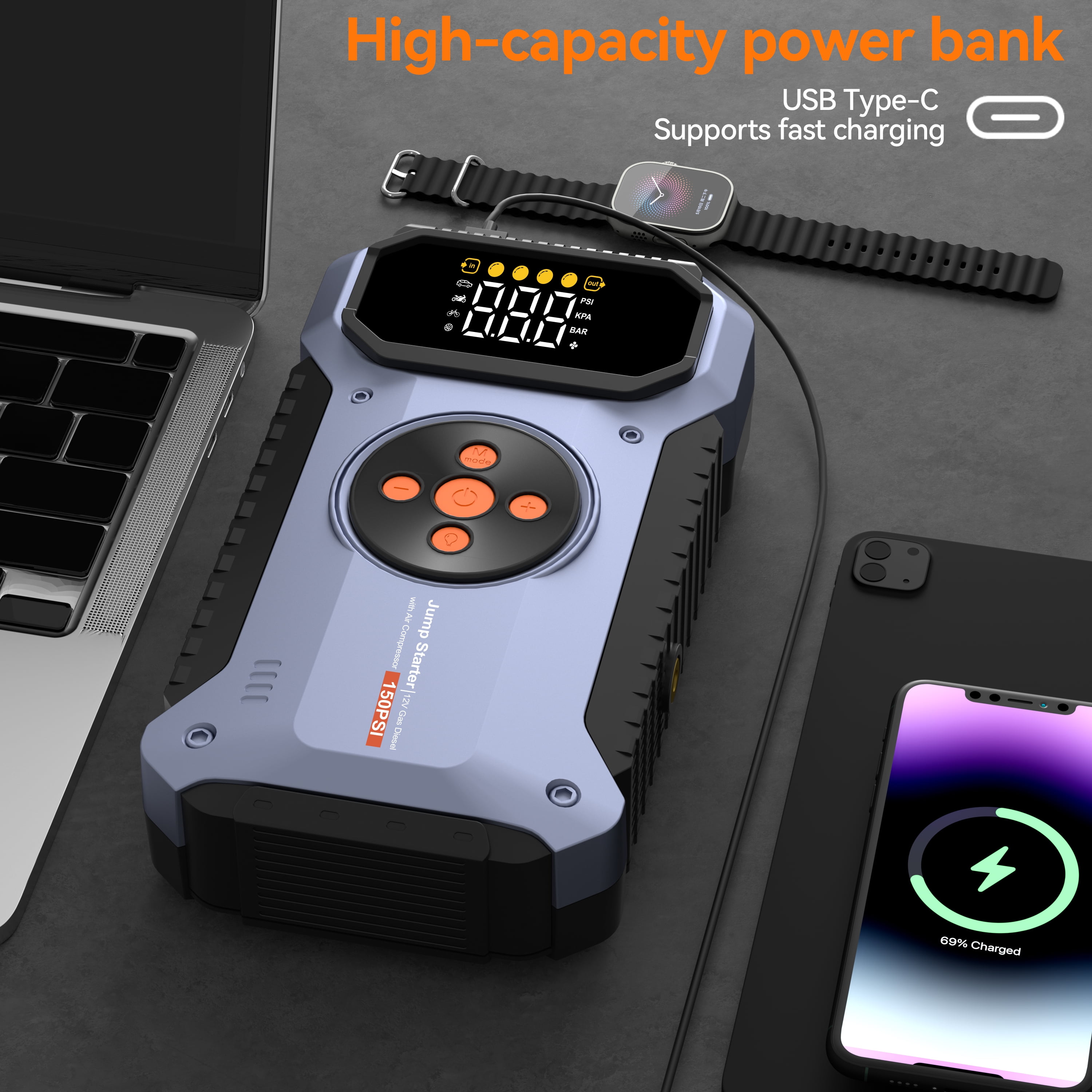 Featou Battery Jump Starter with Air Compressor, 6000A Peak Car Jumper Starter Portable with 150PSI Digital Tire Inflator for 10L Gas or 8.5L Diesel