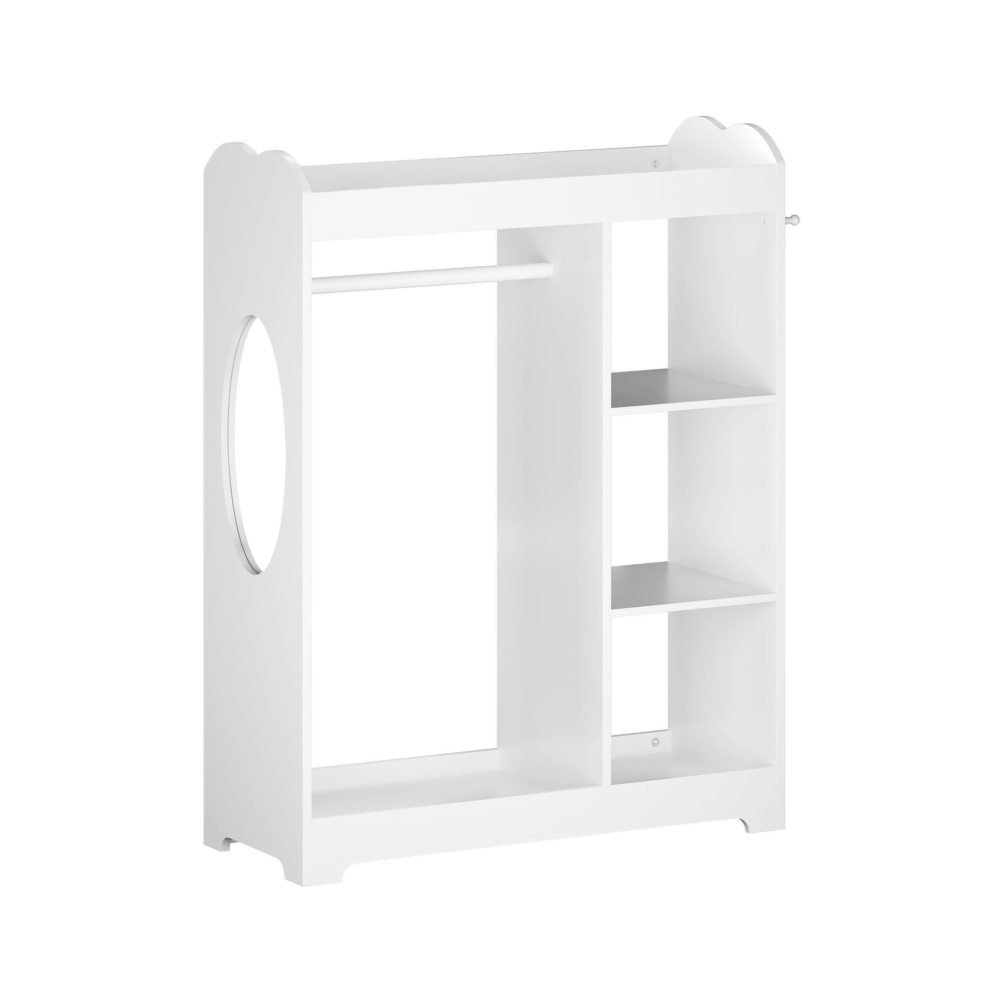 Kids Furniture Kids Dress Up Storage with Mirror and Hooks, Wooden Dress Up Clothes Rack with Hanging Rod, 3 Side Hooks, Storage Shelves and Top Shelf, Toddler Costume Organizer for Playroom Bedroom