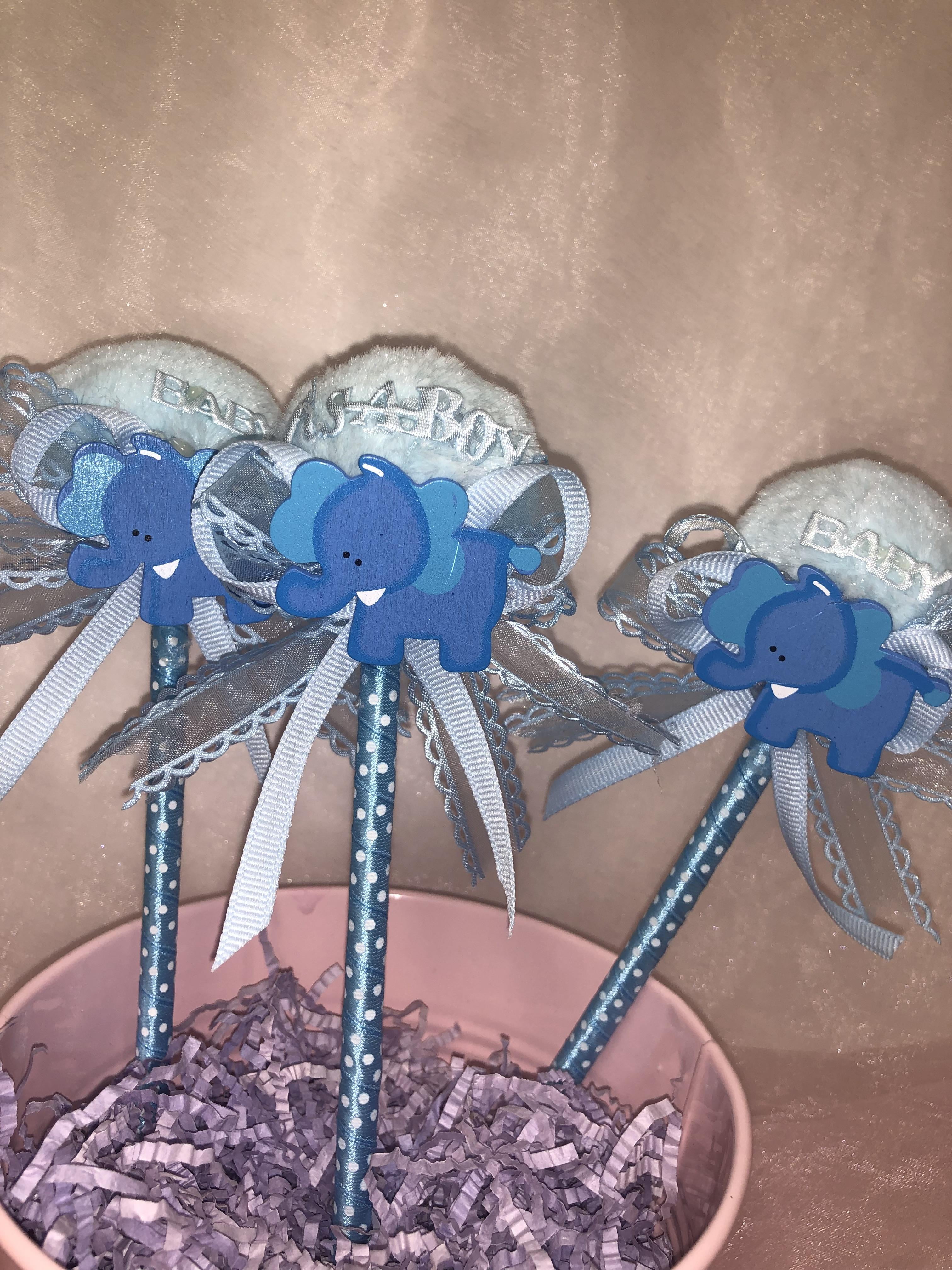 Charmed Baby Shower Elephant PomPom Pens Favors Blue It's a Boy 12 pieces