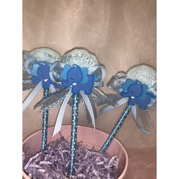 Charmed Baby Shower Elephant PomPom Pens Favors Blue It's a Boy 12 pieces