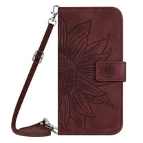 Crossbody Wallet Phone Cover Case for Samsung Galaxy A16 5G/4G, Embossed Sunflower Shockproof Lanyard Shoulder Strap Slim Handbag Purse Flip Case for Samsung Galaxy A16 5G/4G, Winered