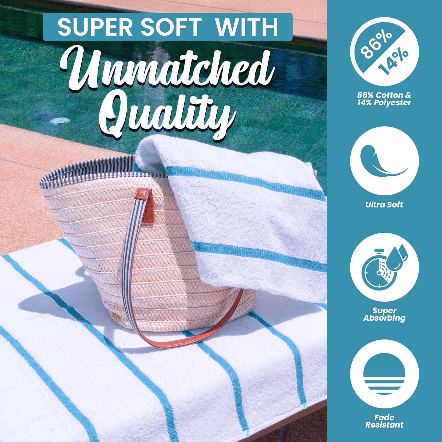 belem Aqua Blue Horizontal Stripe Oversized Pool Towels Bulk 30x60-60 Pack Beach Towels Bulk - Highly Absorbent Spa & Hotel Bath Sheet - Quick Drying & Soft Towels in Bulk
