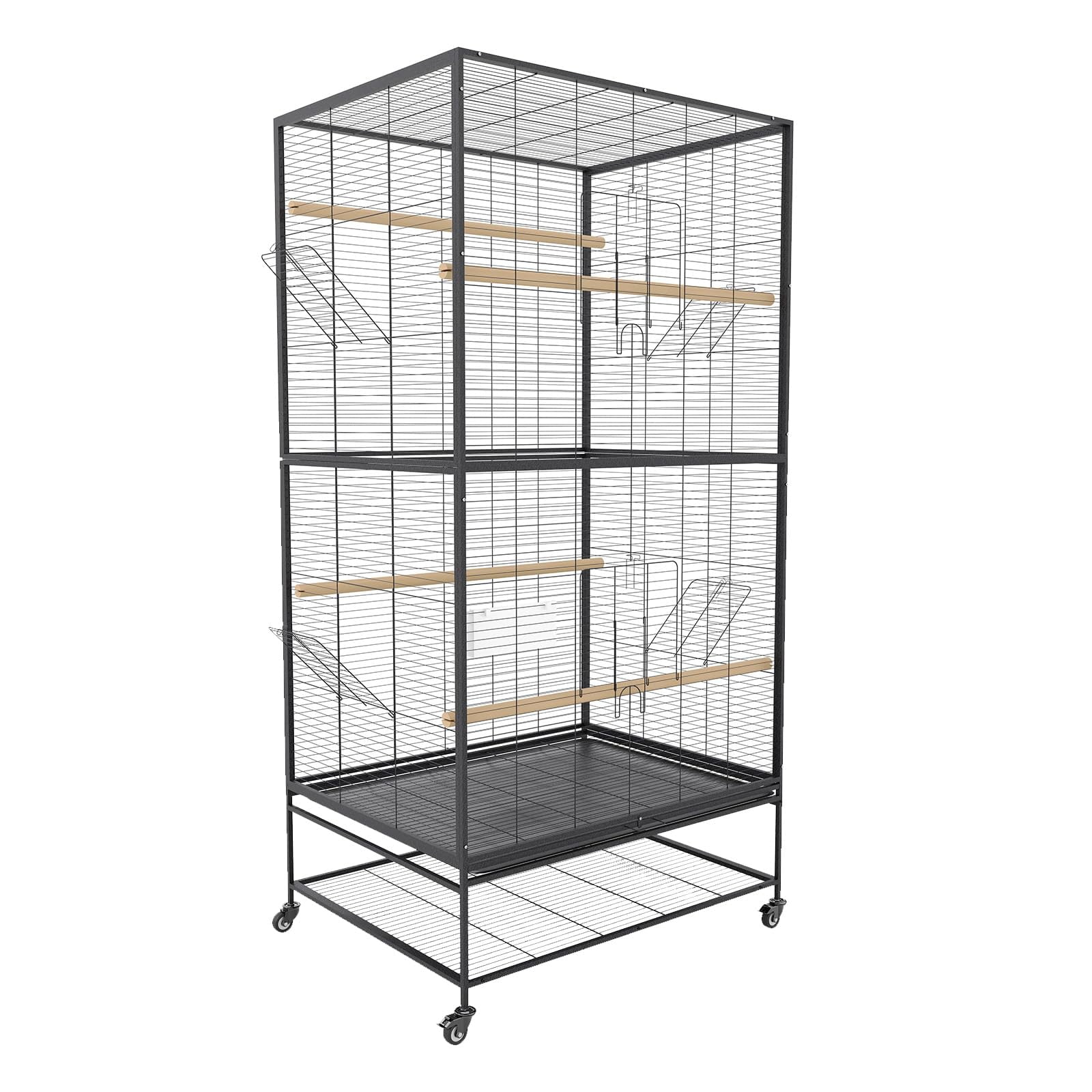 Extra Large Flight Parrot Bird Cage with Rolling Stand & Storage Shelf – 66-inch Metal Aviary for Parakeets, Cockatiels, Conures – Sturdy Carbon Steel – Black