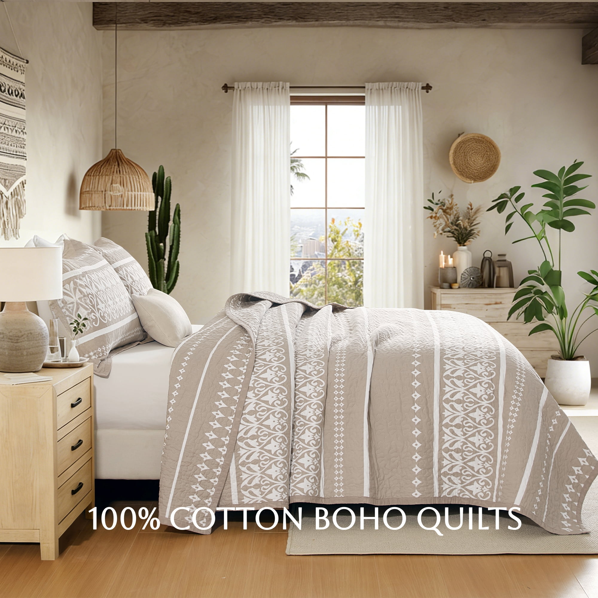BCOTTOND Boho Quilt Set Queen 3-Piece, 100% Cotton Farmhouse Bedding, Warm Tan & Taupe Bohemian Pattern, All-Season Lightweight Coverlets