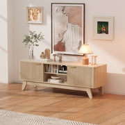 Jableast 57" Fluted TV Stand, Media Console Table with Adjustable Shelves & Power Outlet, Mid-Century Modern Entertainment Center for Living Room, Natural Wood