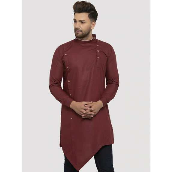 eloria Men's Traditional Maroon Cold-Shoulder Sleeves Asymmetric Kurta