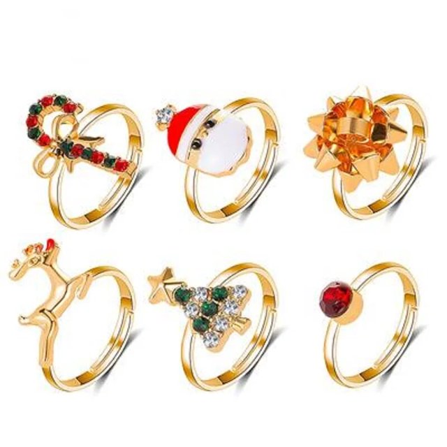 Anillo de Papá Noel de alce de Navidad para mujer, anillo de dedo ajustable, joyería de fiesta de vacaciones, lindo Color dorado, esmalte de goteo, moda, nuevo juego de 6 piezas