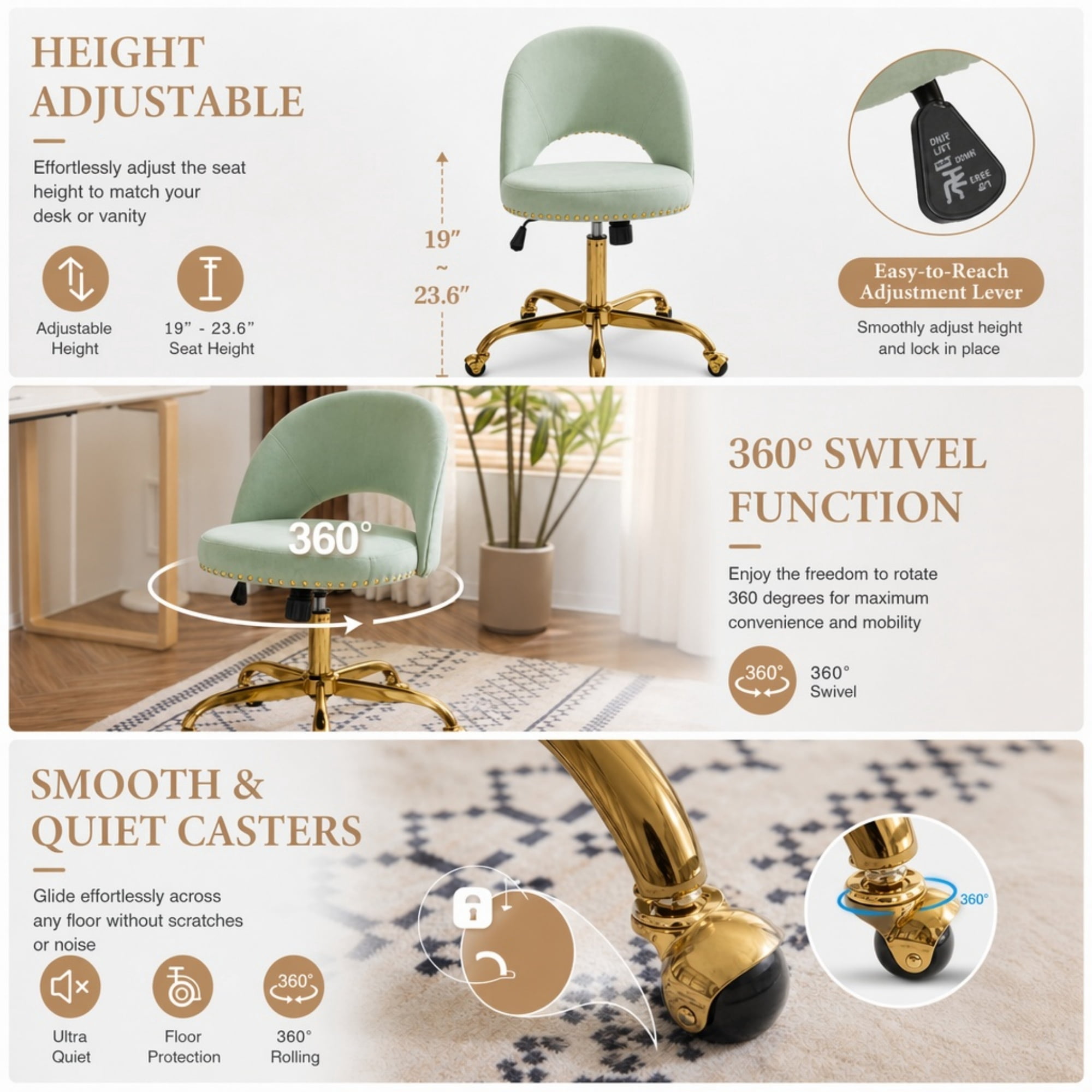 Ktaxon Office Desk Chair Adjustable Flannel Computer Task Chair Small Rolling Vanity Stool with Wheels for Study Make-up Light Green