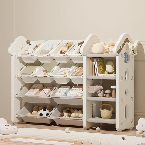 Toy Storage Organizer and Bookshelf for Kids, Akaber Toys Organizer 4 Tier Foldable with 12 Removable Bins