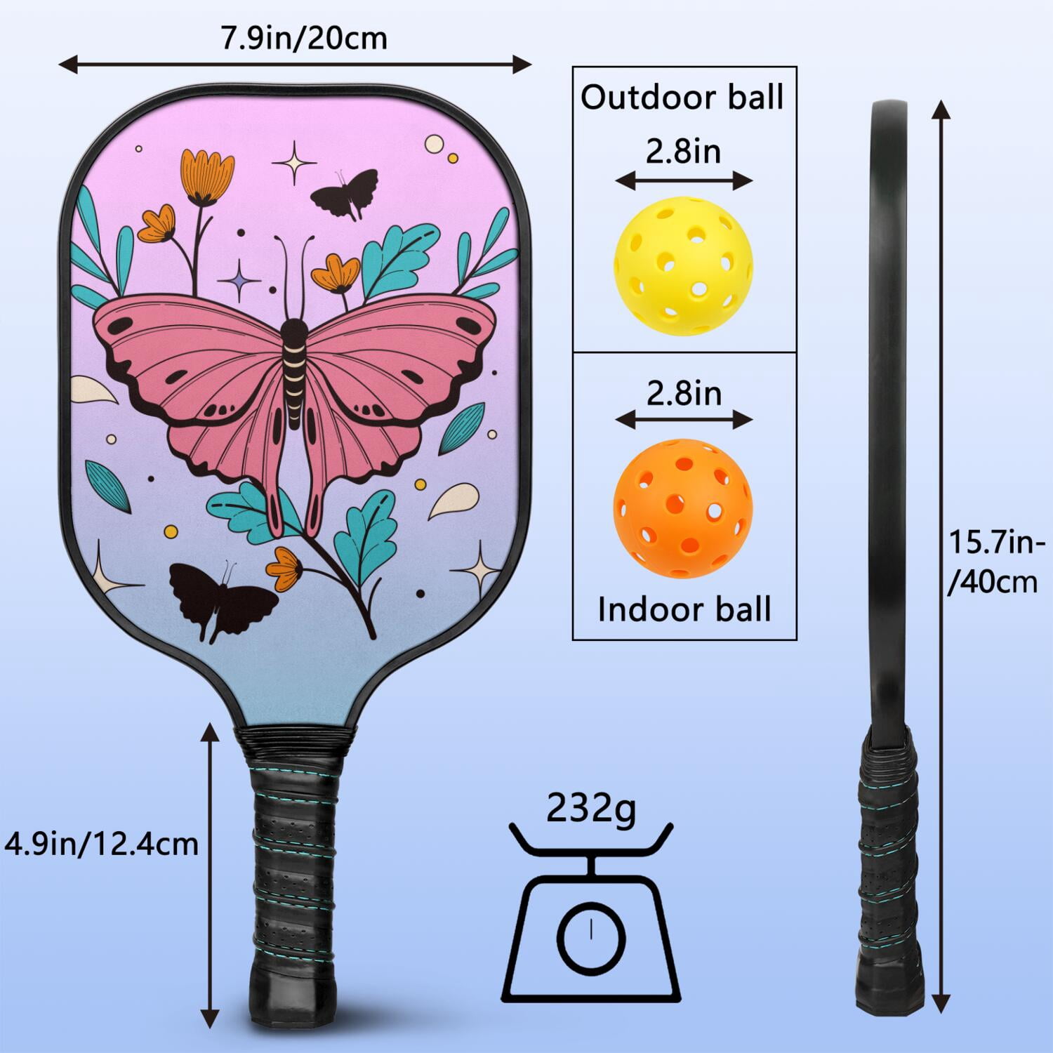 Pickleball Paddles Set Of 2, Fiberglass Surface, Butterfly Print, 4 Balls & Bag
