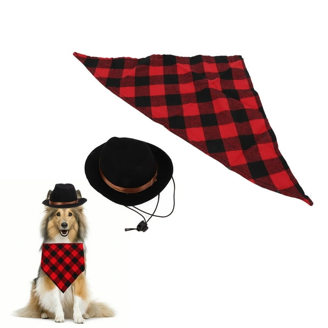 Pet Cowboy Costume Set, Multipurpose Polyester Material Cat Cowboy Hat Triangular Scarf for Birthday Parties for Cosplay Parties Brown+Red Grid,Brown+Green Grid,Black+Red