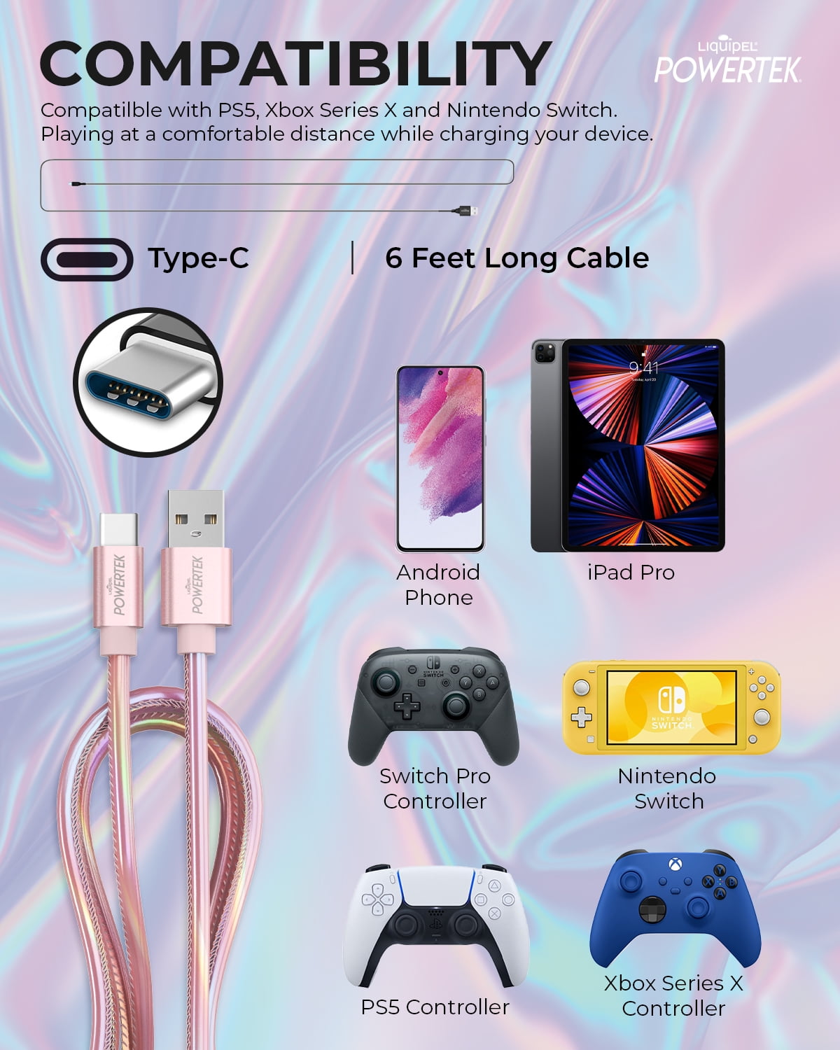 Liquipel Powertek Metallic Shine USB Type C Charger Cable, 6ft Fast Charging USB C Cord, Adapter for Car, Galaxy, Android, Note, MacBook, Nintendo, PlayStation, Chromebook, Pixel - Light Pink
