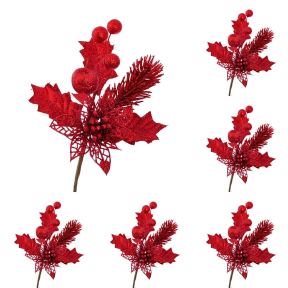 6 Pack Glitters Christmas Picks Sprays, Artificial Poinsettia Flower with Holly Leaves and Berries for Wedding Holiday Christmas Tree Wreath Garland Decorations1