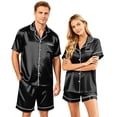thumbnail image 2 of VV AVEORS Satin Matching Pajamas Sets Couple Silk Button Down Nightwear Women & Men Short Sleeve Sleepwear 2 Pieces Loungewears Black M, 2 of 8