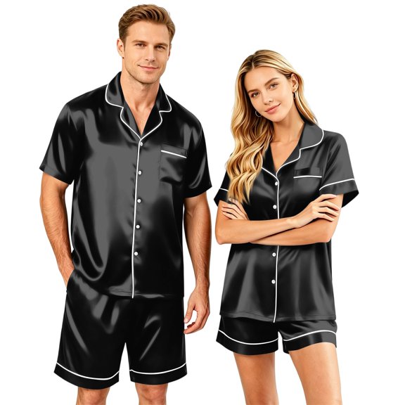 (Mens) Comfort Luxe Satin Couple Sets Silk Short Sleeve Button Down Top Elastic Waist Shorts Matching Summer Loungewear Black 2XL