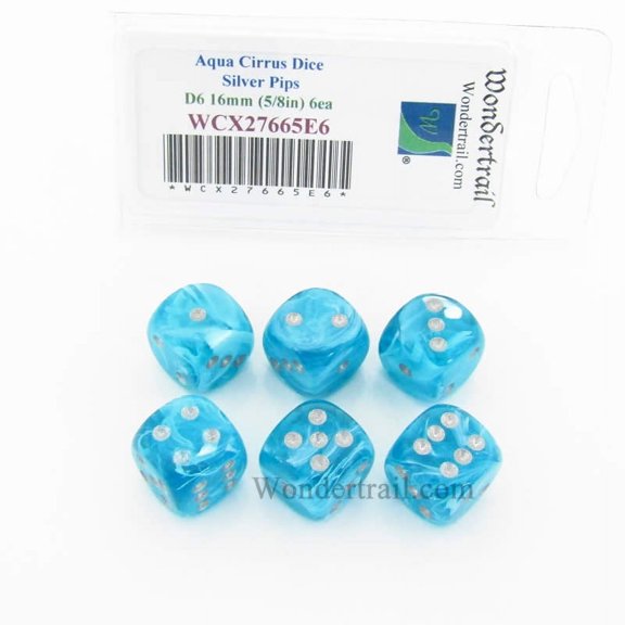 Aqua Cirrus Dice with Silver Pips 16mm (5/8in) D6 Set of 6 Wondertrail