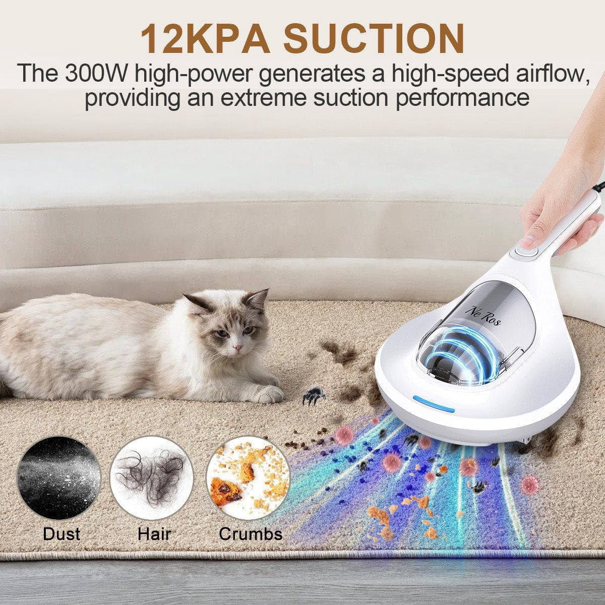 Mattress Vacuum Cleaner Anti-allergen with UV-C Light & Large Pulsating Pad 12kpa Suction & True Hepa Filter for Dust, Pet Hair, UV Bed Vacuum Corded