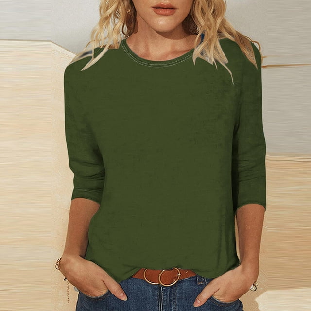 Blouses for Women Womens Casual Solid Color Round Neck Three Quarter Sleeve Tops Blouse