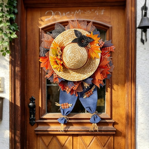 31 Inch Fall Scarecrow Wreath for Front Door, Artificial Autumn Straw Hat Wreath with Sunflower Doll & Maple Leaves, Rustic Harvest Halloween Decoration for Home, Porch, Wall, Thanksgiving