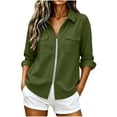 thumbnail image 3 of Women's Shirt Solid Long Sleeve Zipper Blouse Roll Up V Neck Collared Casual Tops with Pocket Vacation Wear Business Outfits, 3 of 8