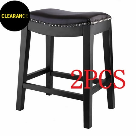 2pcs 25 Inch High Backless Barstool Solid Wood Legs Chair With Black Leather Seat Classic Backless Bar Stool Walmart Com