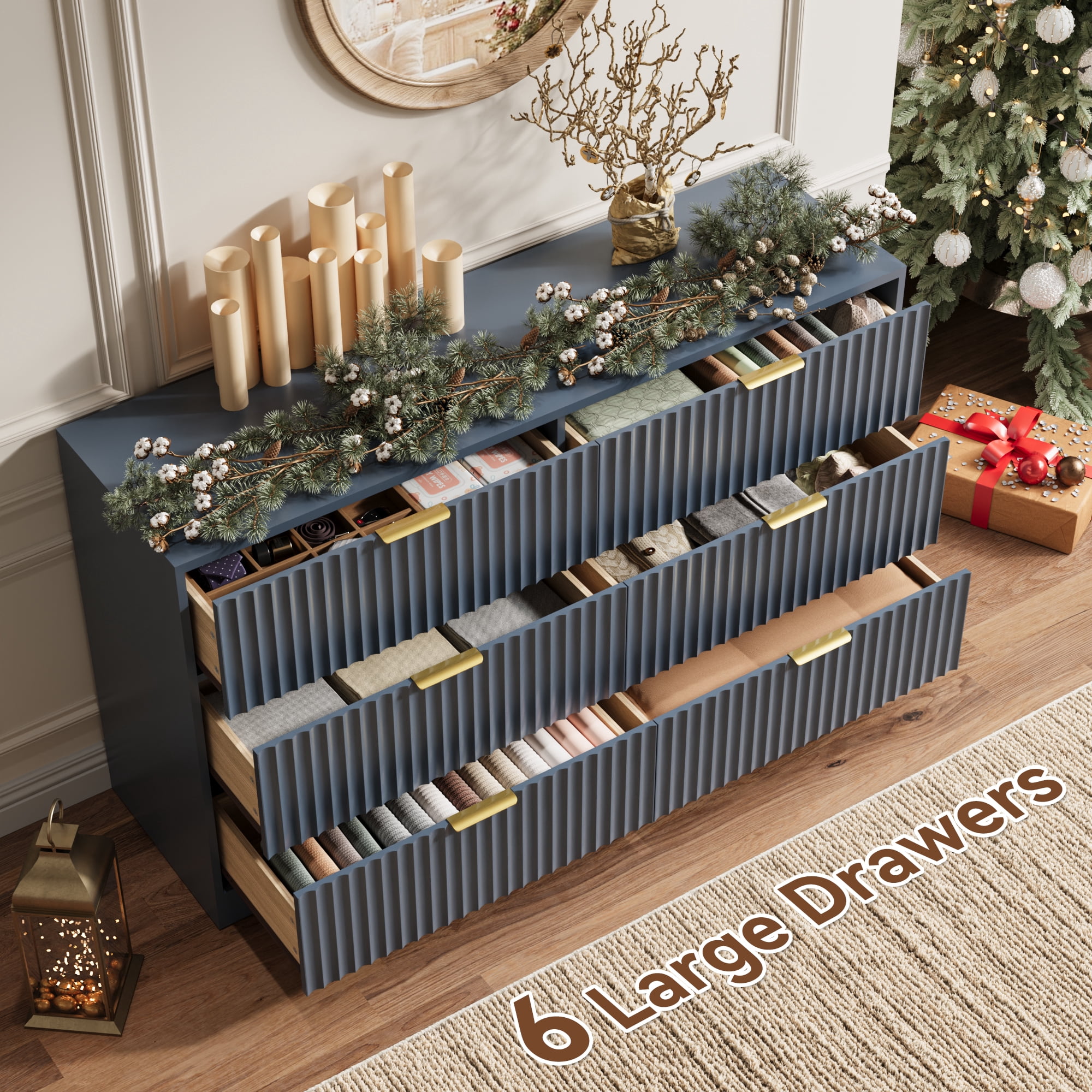 YouTrend 6 Drawer Dresser for Bedroom,55.1"Width Fluted Wood Chest of Drawer with Golden Embedded Handles for Living Room,Blue