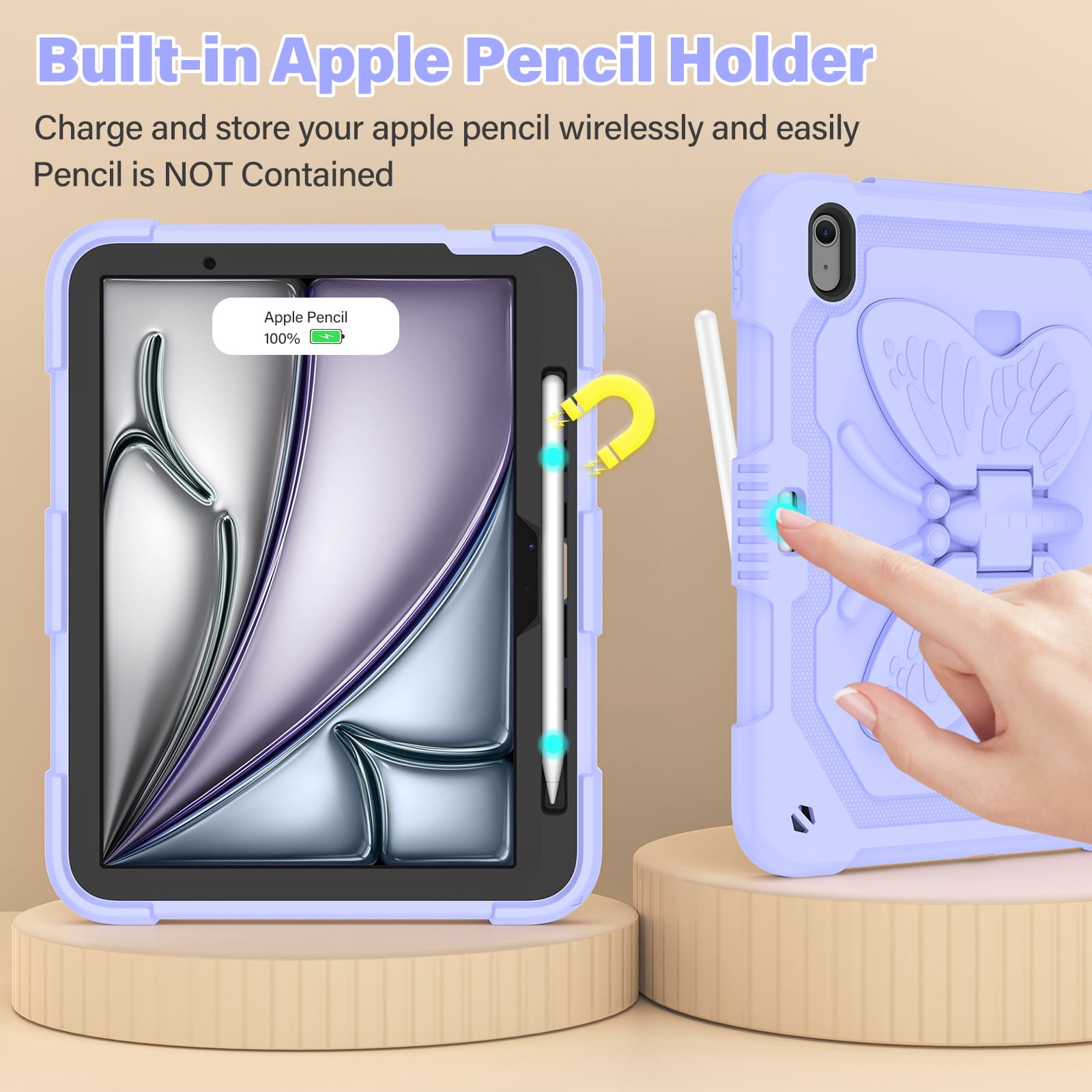 For iPad Air 11 M4 M3 M2 2026 2025 2024 Case, Cute Butterfly Design Heavy Duty Shockproof Shoulder Strap Pencil Holder Kickstand Bumper Kids Friendly Rugged Case for Apple iPad Air 11", Purple