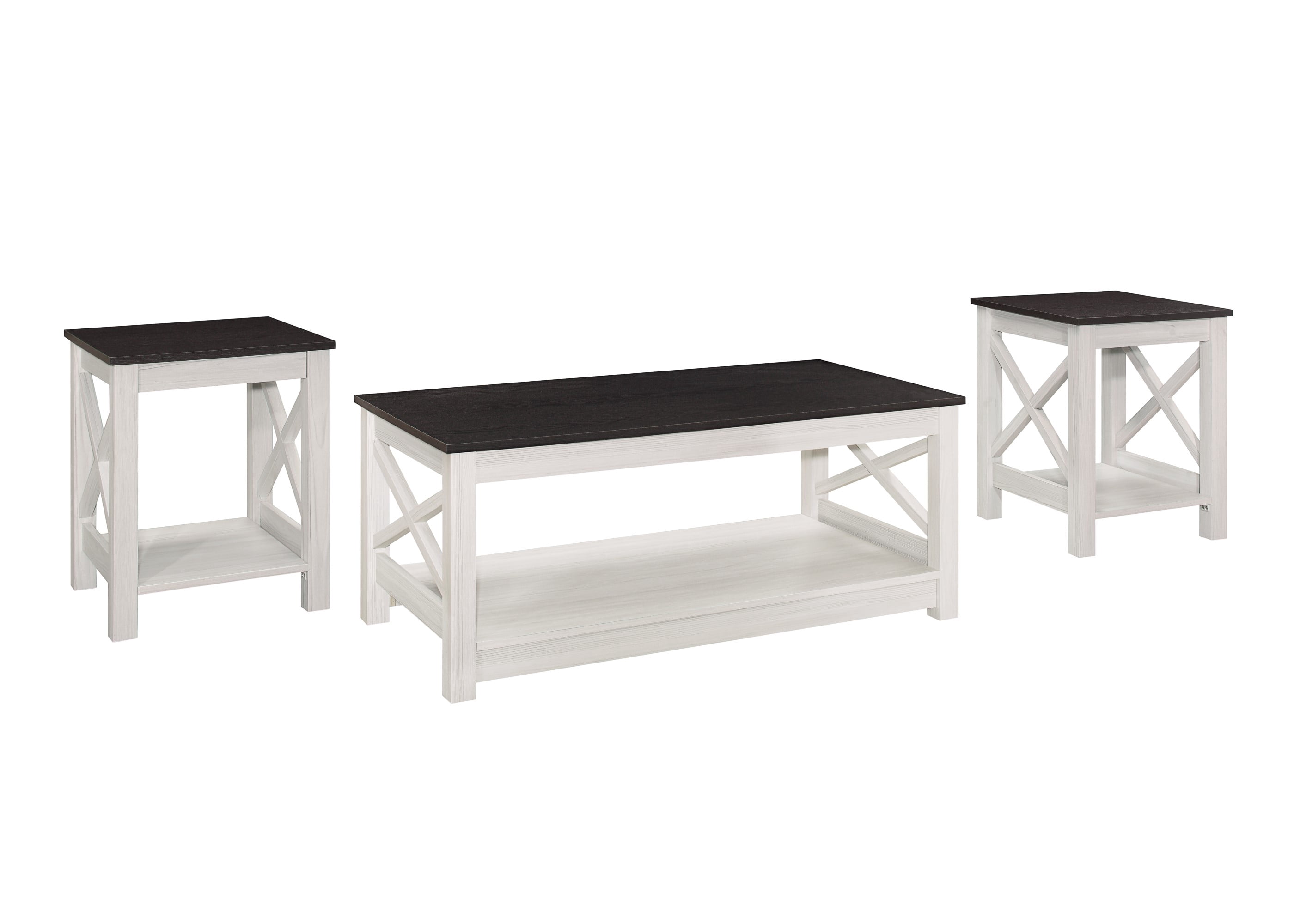 Home Design Wayne 3-Piece Coffee Table Set with 1 Rectangular Coffee Table and 2 Square End Tables, X-Shaped Side Design with Open Shelf for Living Room, Natural Oak/Black