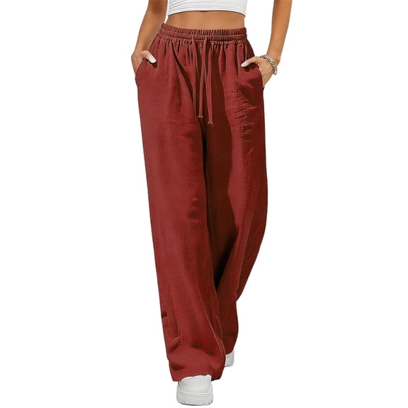 Costeam Womens Solid Color Pleated Linen Like Long Pants Utility Side Pockets Flexible Drawstring Elastic Waist Relaxed Draping Skin Friendly Casual Full Length Trousers