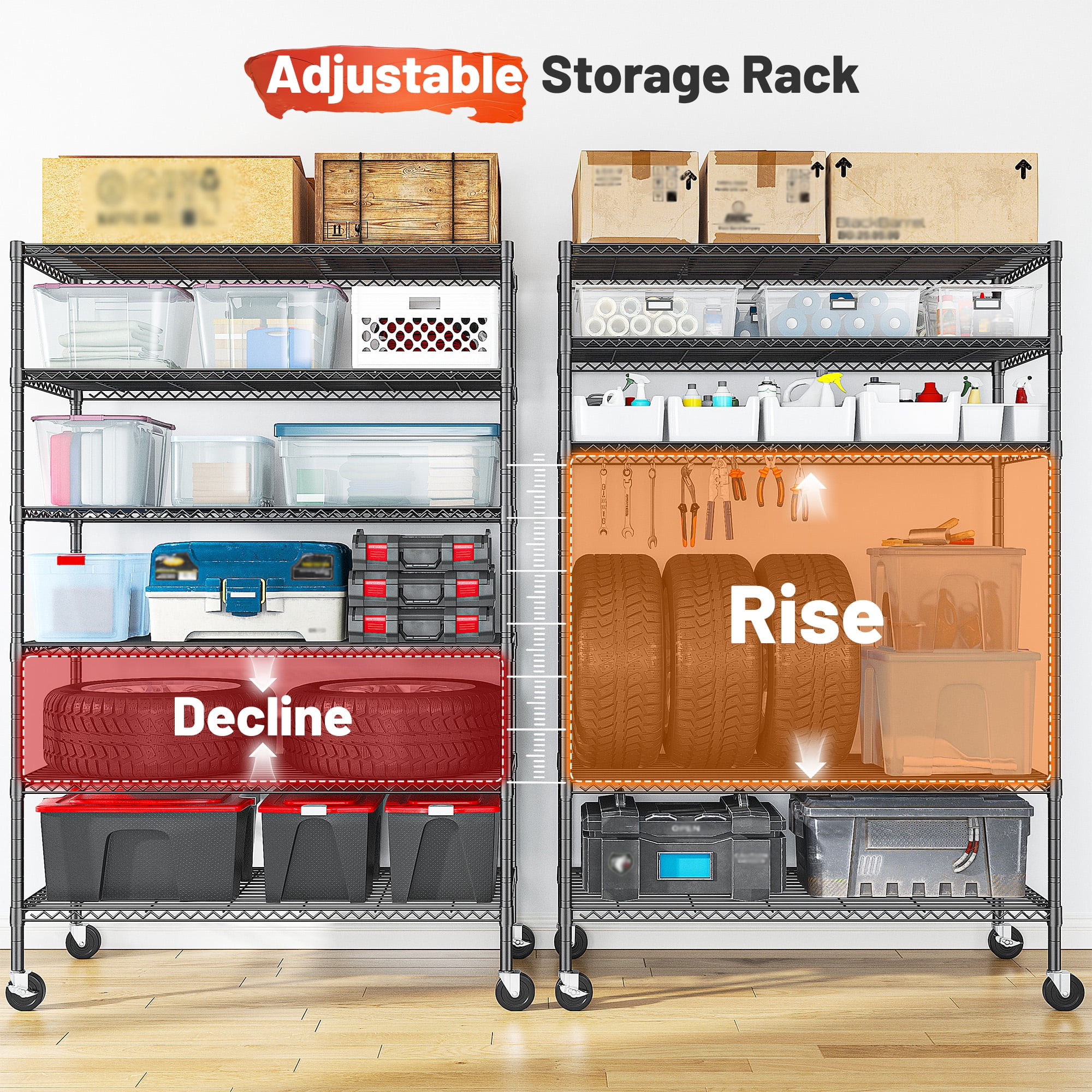 REIBII 6-Tier Wire Shelving Unit with Wheels, 82"H x 45"W x 18"D, 1200LBS Capacity,Adjustable Metal Storage Shelves for Garage,Kitchen,Pantry,Black