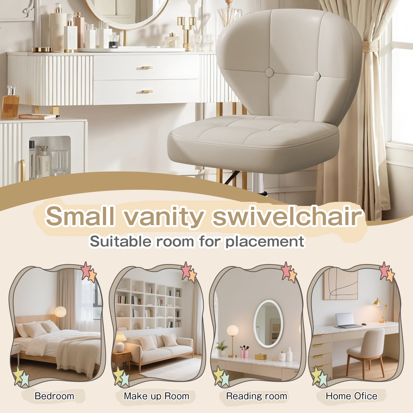 Vanity Chair with Back – Small Armless Office Chair with Wheels, Lumbar Support, PU Leather, Adjustable Height, 360° Swivel for Home, Bedroom, Office White