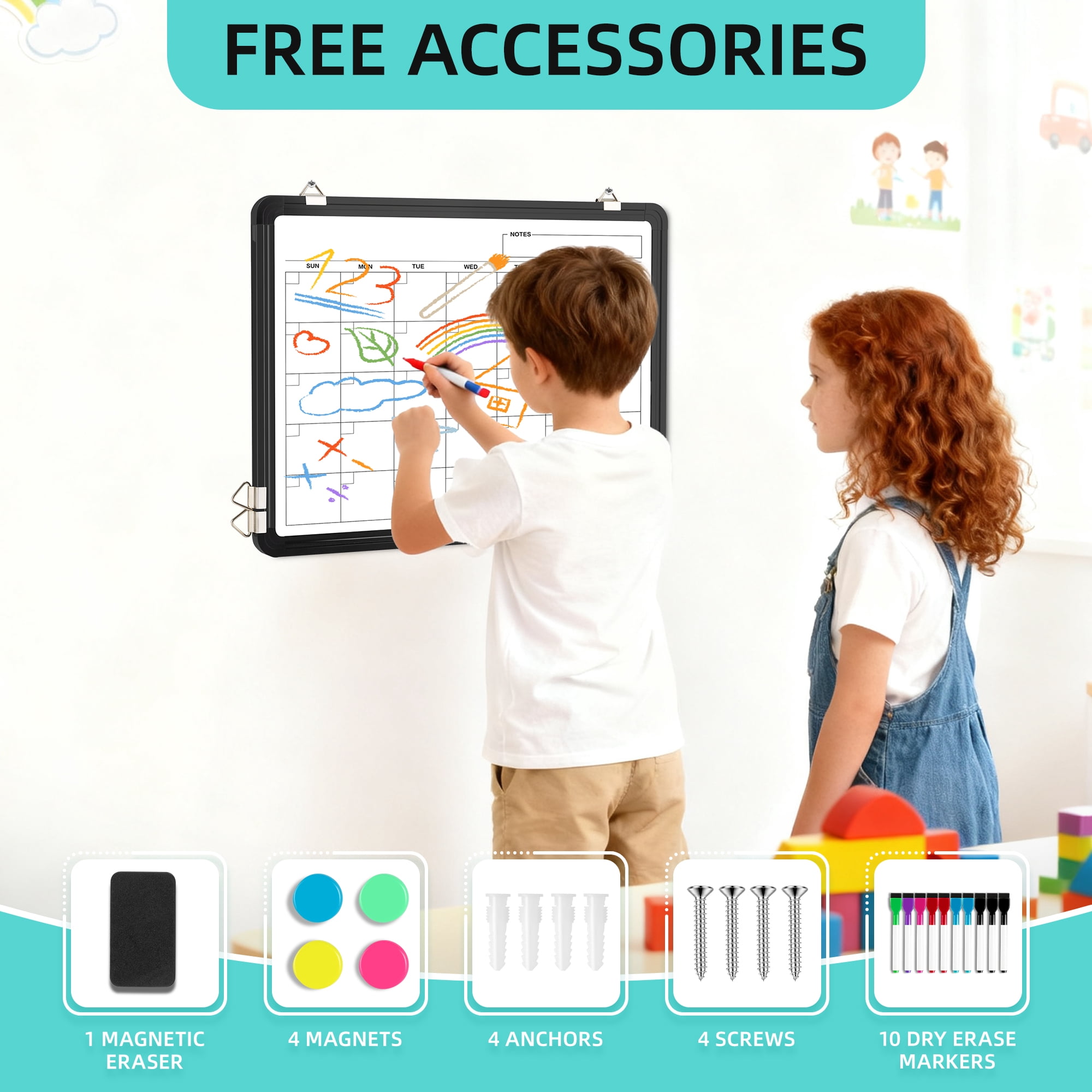 Elevon Monthly Dry Erase Calendar Whiteboard, 16" x 12" Double-Sided Wall-Mounted Whiteboard for Office, Desk, Kitchen, or Dorm Room Organization