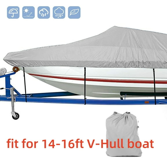 Trailerable Boat Cover, 14'-16' 600D Oxford Cloth Waterproof UV Resistant Heavy Duty Fishing Ski Bass V-Hull Runabouts