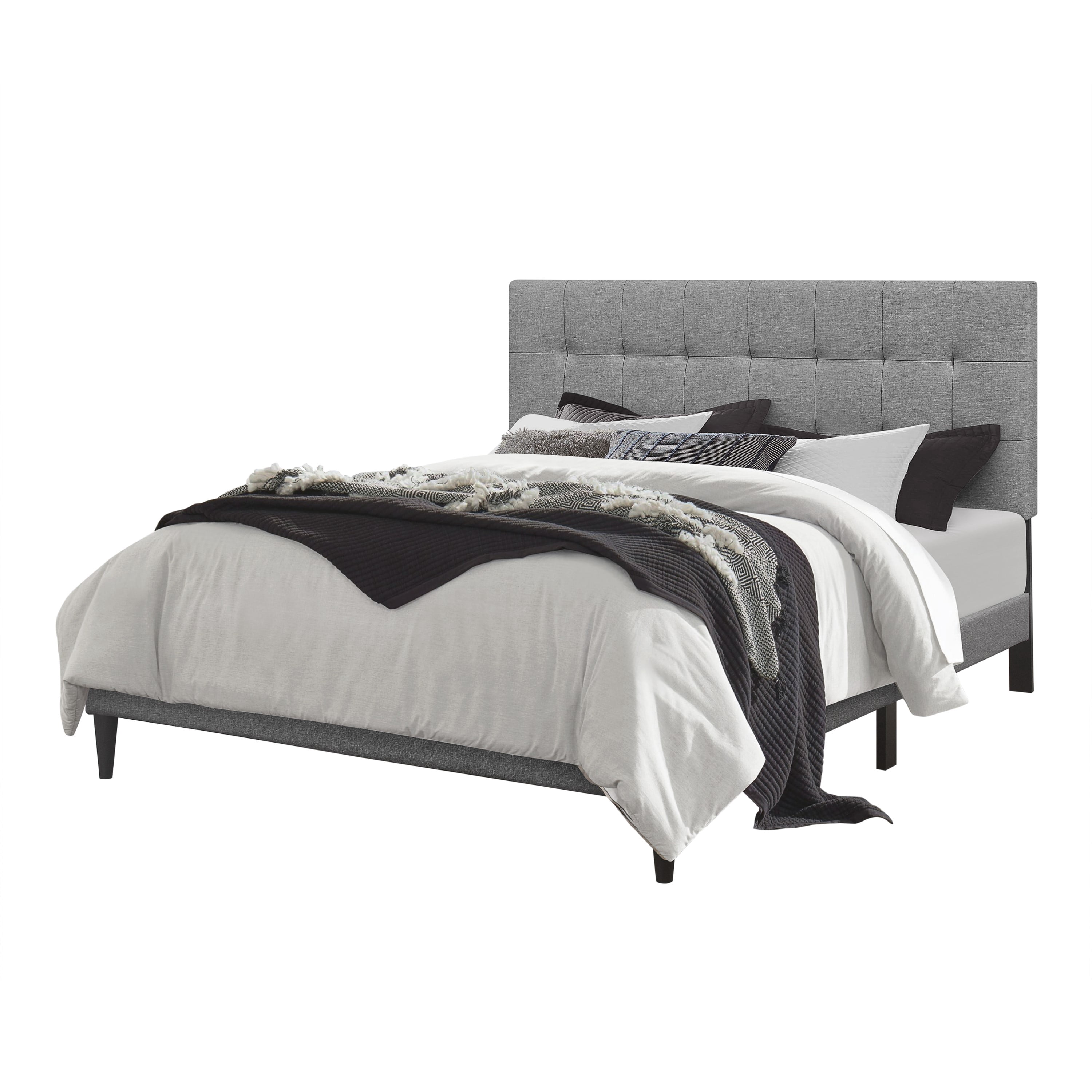 Home Design Evanston Twin Tufted Upholstered Platform Bed with Slatted Wood and Foam-Padded Headboard, Gray, Easy Assembly