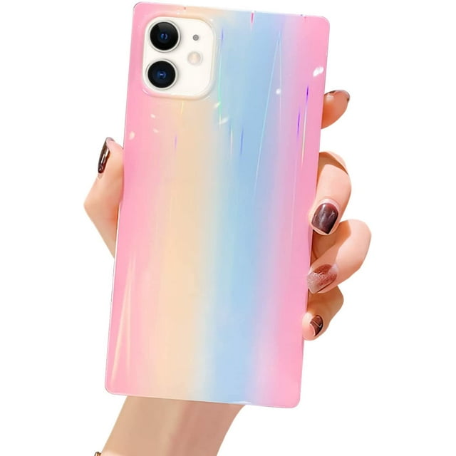 Compatible with iPhone Case, Square Colorful Sparkle Bling Rainbow Soft Silicone Case Cover Protective Shockproof Fashion Iridescent Design for Girls Women (iPhone 12mini,Pink)