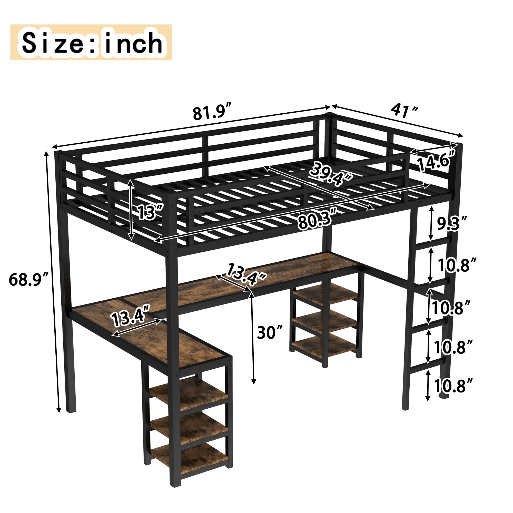 Mintazer Twin XL Loft Bed with Desk & 6 Shelves, Metal Bed Frame with Ladder and Guardrails for Kids Teens Bedroom Playhouse, Black