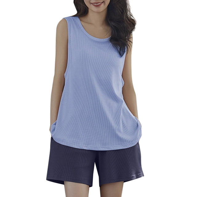 Lixiuxyad Women's Summer Ice Silk Ribbed Padded Vest With Plus Size Thin And Comfortable & Sleepwear Set Blue