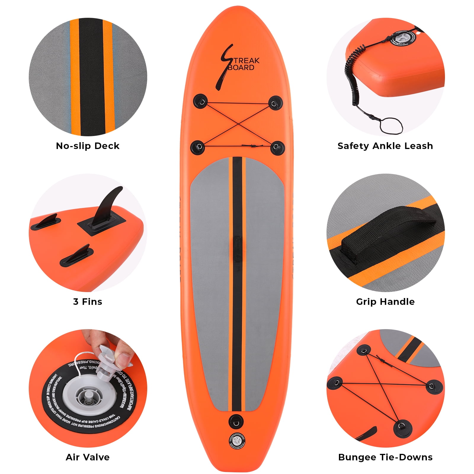 streakboard Inflatable Stand Up Paddle Board SUP, Non-slip Deck with 3 Fins, 10FT Adjustable Paddle, Backpack, Leash