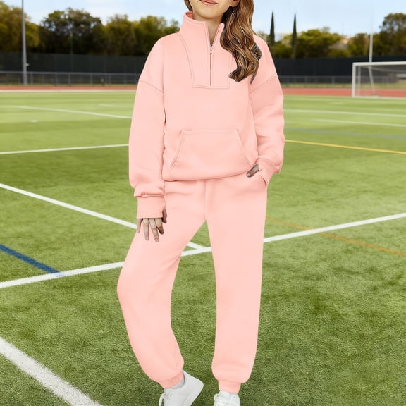Unisex Kids 2-Piece Soft Polyester Tracksuit Set 5-14Y, Quarter-Zip Pullover & Jogger Pants, Pink,Size 5 T