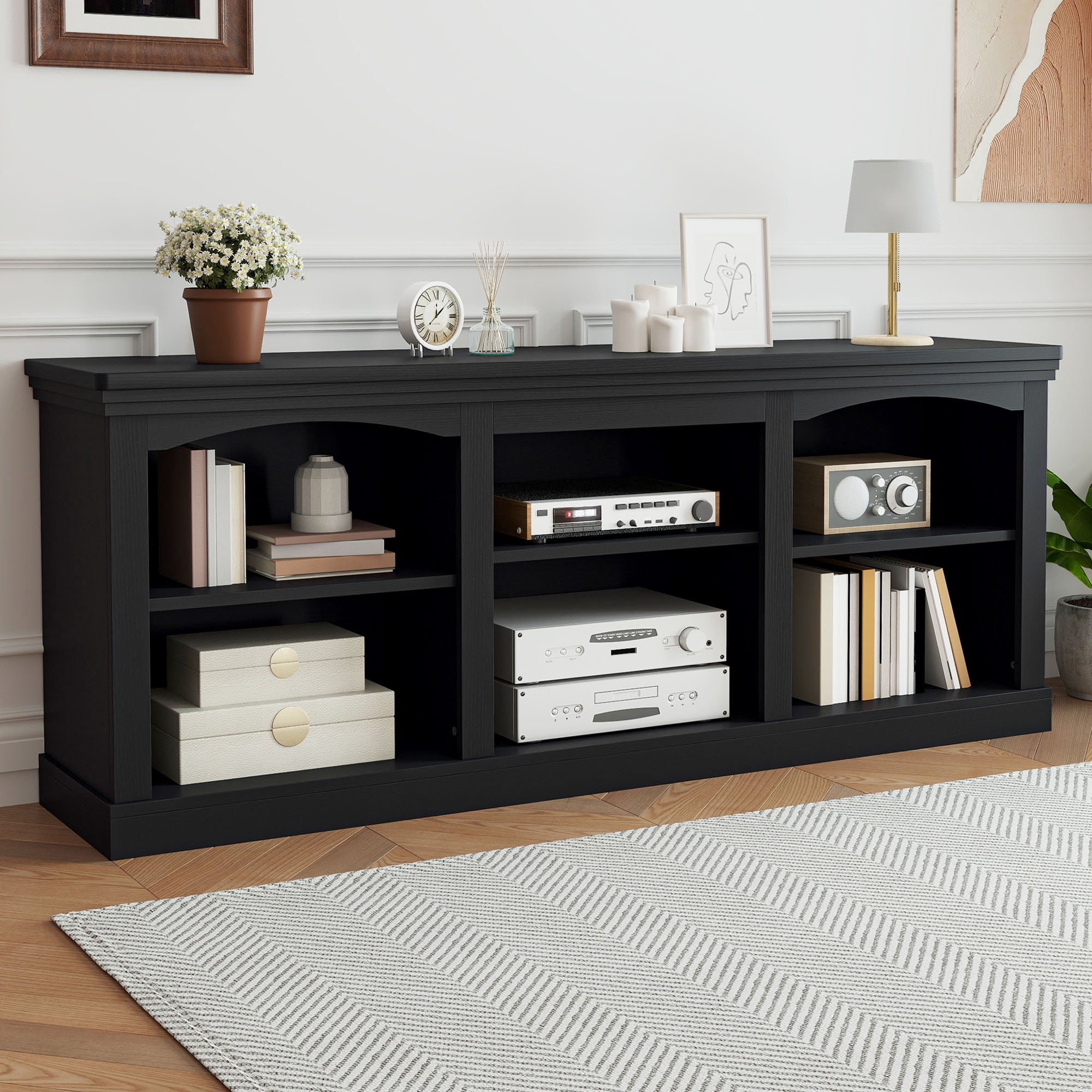 Dextrus TV Stand for 80 Inches TV, Farmhouse Entertainment Center with Adjustable Shelf & Storage Cabinets, Black