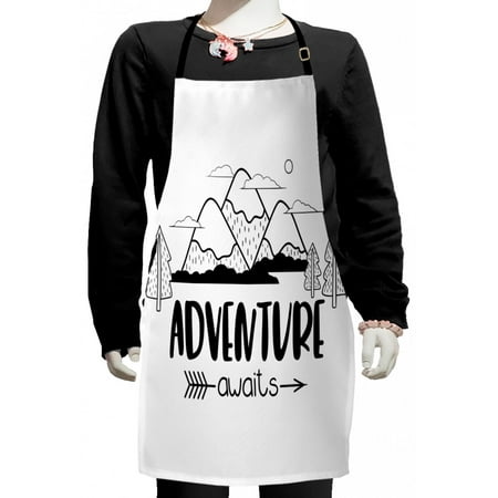 

Saying Kids Apron Outline Monochrome Mountain Trees and Lettering Adventure Themed Graphic Boys Girls Apron Bib with Adjustable Ties for Cooking Baking Painting Charcoal Grey White by Ambesonne