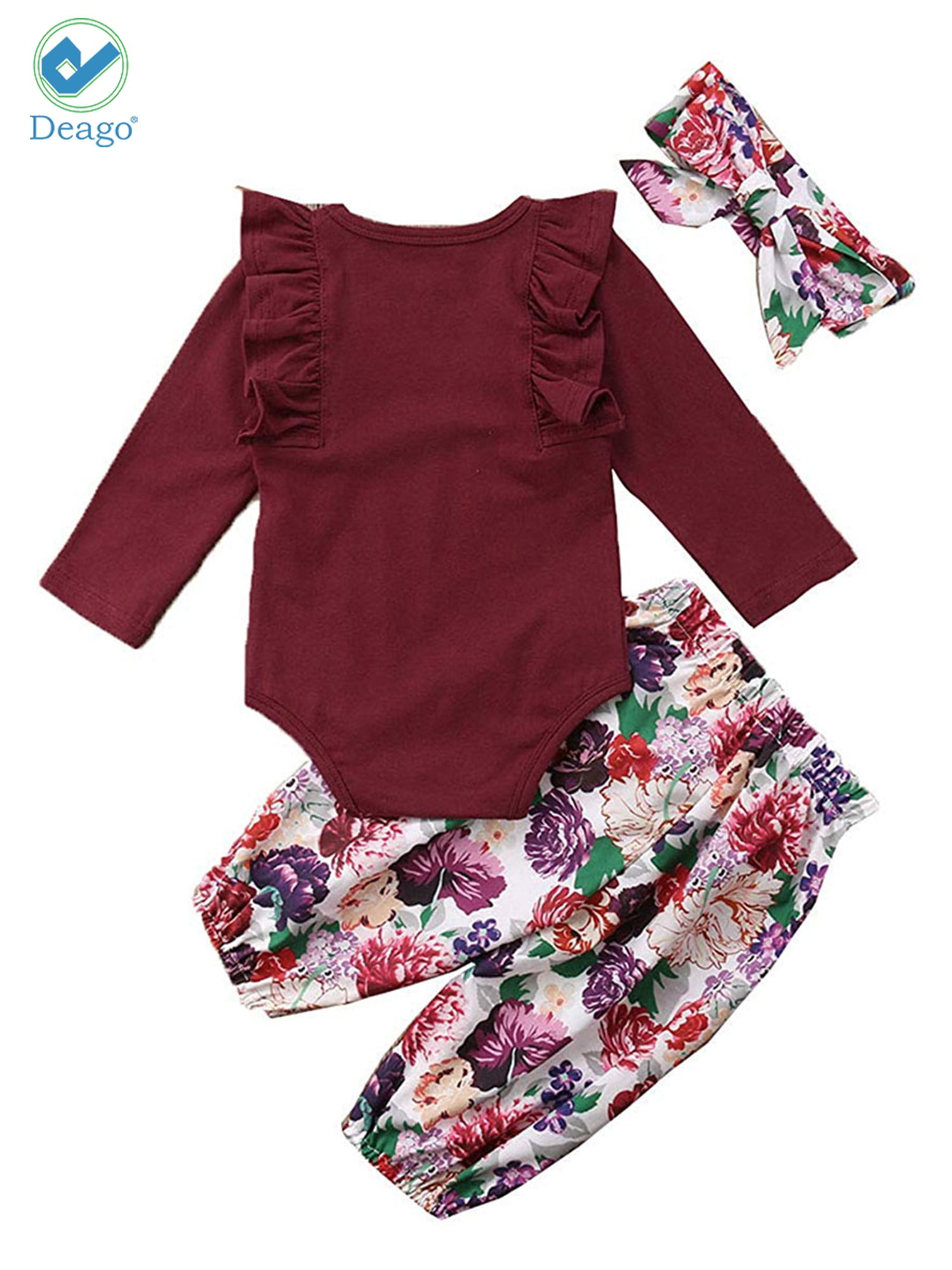 Headband 3 Pieces Toddler Baby Outfits 0-18 Months Infant Newborn Baby Casual Clothing Set Pleated Shoulder Romper Playsuit Jumpsuit Floral Long Trouser