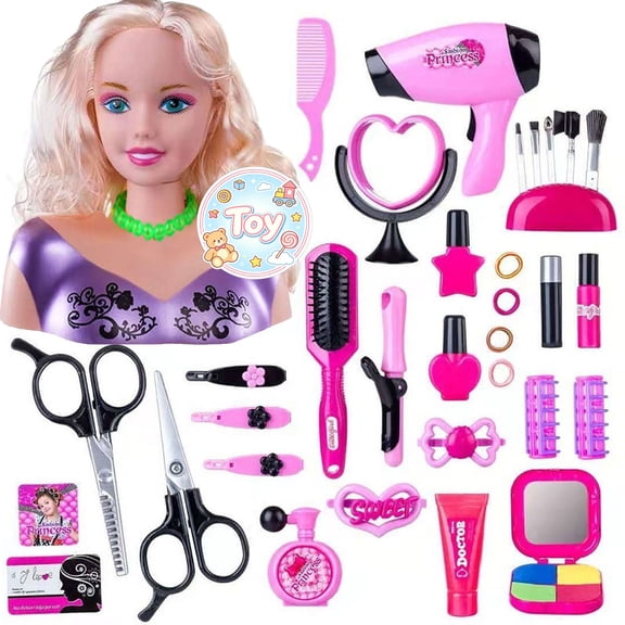 Princess Hair Styling Pretend Play Set, Doll Hairdressing Model Head with Blow Dryer, Scissors & Simulation Makeup Accessories, Christmas Birthday Gifts, Toys for Toddler Baby Kids Girls, Age 3