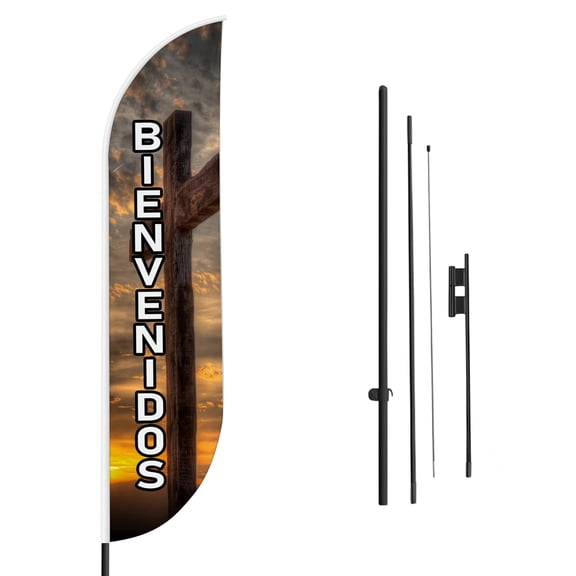 Bienvenidos Sign feather flag Pole kit for Outdoor by Mavis | 15 FEET Tall Polyester Banner Flag Pole Mount with Cover for Easy Hang | HD Print Swooper Flags to Promote Church Activity