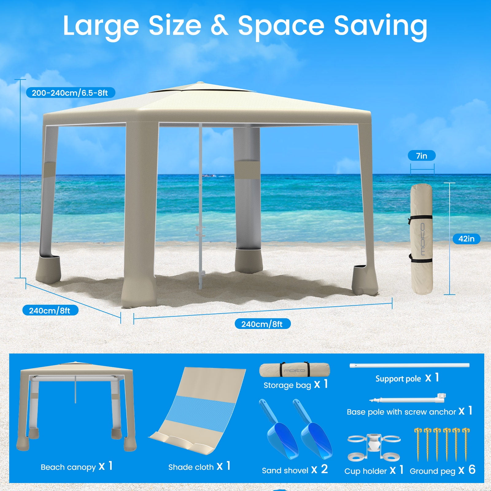 MoKo 8'x 8' Beach Cabana Tent, UPF 50+ Portable Beach Canopy Shelter with 4 Sand Pockets, Khaki