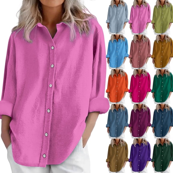 Womens Linen Blend Long Sleeve Blouse Loose Fit Breathable Comfort Casual Shirt